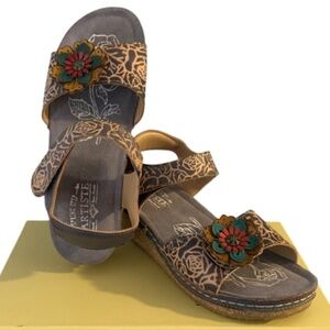 NEW! SPRING STEP L’ARTISTE FLORAL LEATHER WEDGE SANDAL • SIZE 6.5 / 37 EU • NIB